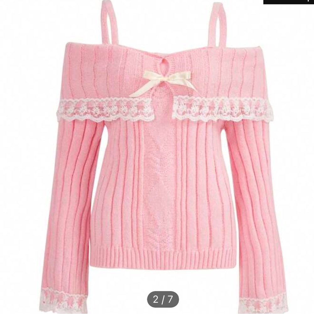 ROMWE Pink Off-the-Shoulder Sweater with Lace Trim NBW